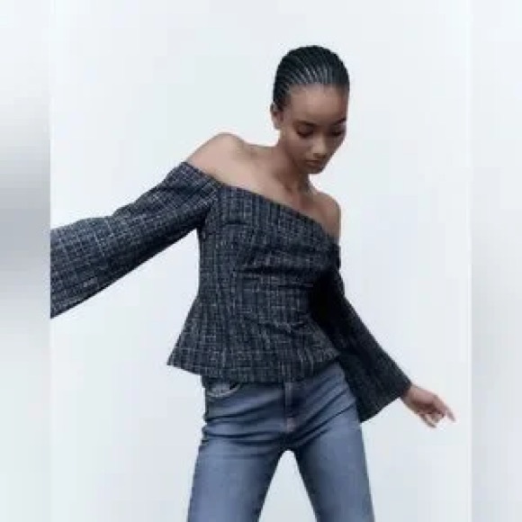 Zara Blue Tweed Textured Off the Shoulder Top - Picture 5 of 9
